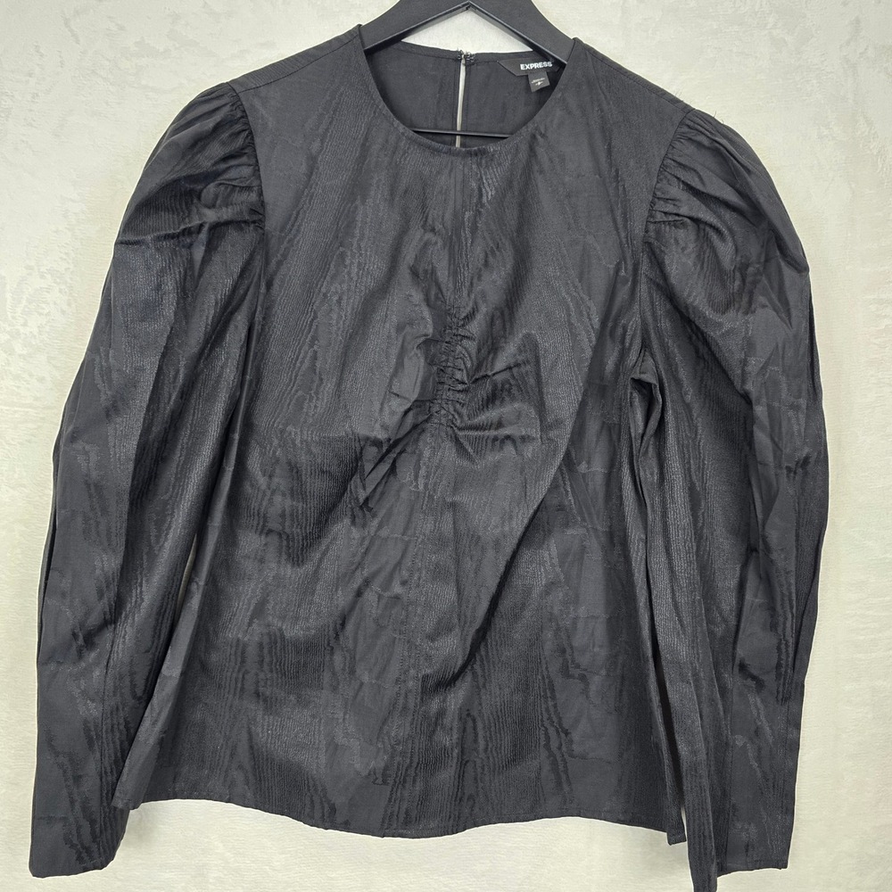 Express Black Jacquard Puff Sleeve Ruched Front Blouse Top Small